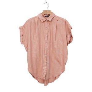 Prana Shirt Womens Small Orange Woven Cuffed Sleeve Yoke Tencel Curved Hem Boho